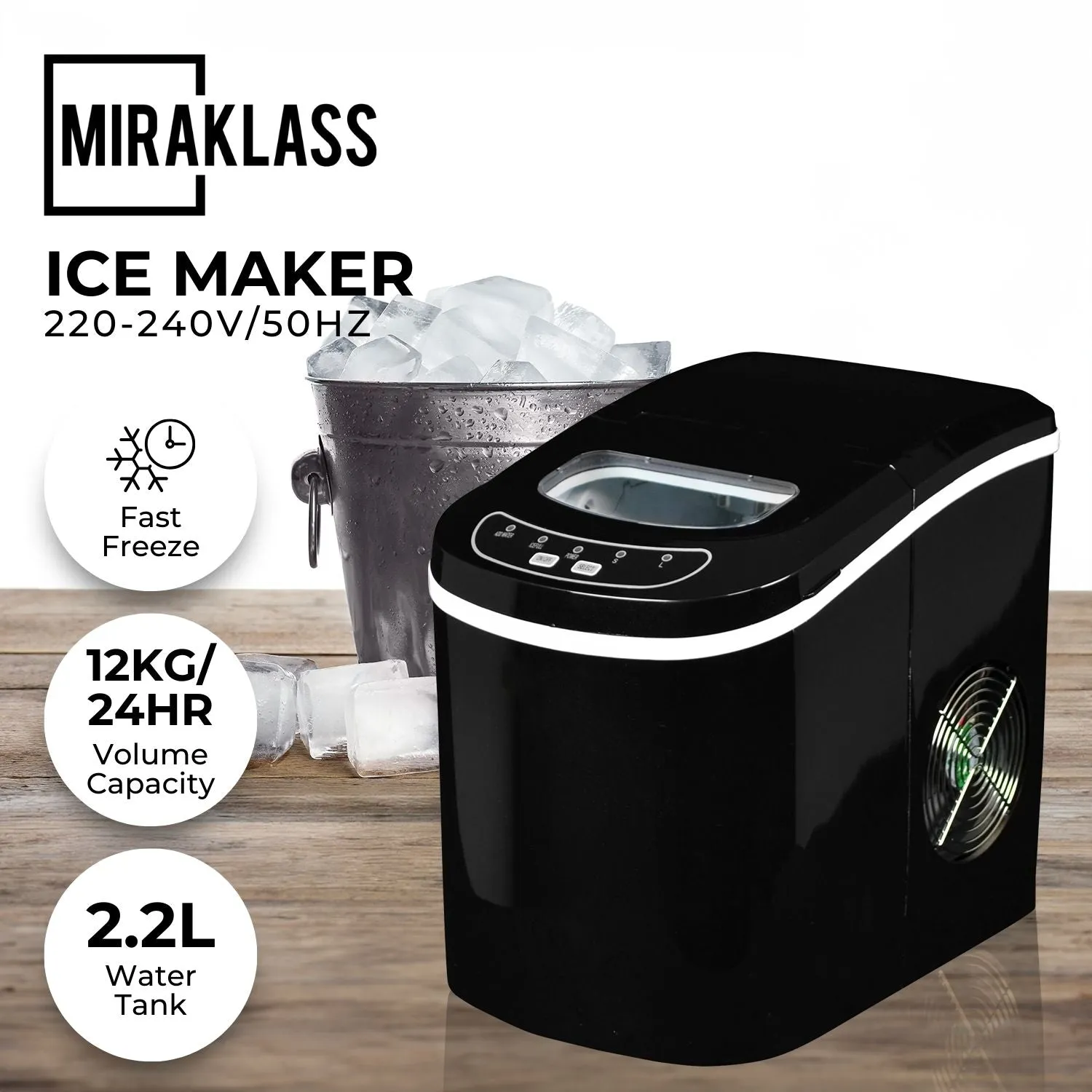 2.2L Fast Ice Maker, 12kg/24h, Compact, Quiet - Miraklass