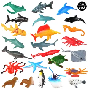 24-Pack Sea Ocean Animal Figures - Realistic Plastic Pool Party Toys Set with Turtle, Octopus, Shark - Children's Educational Birthday Gifts