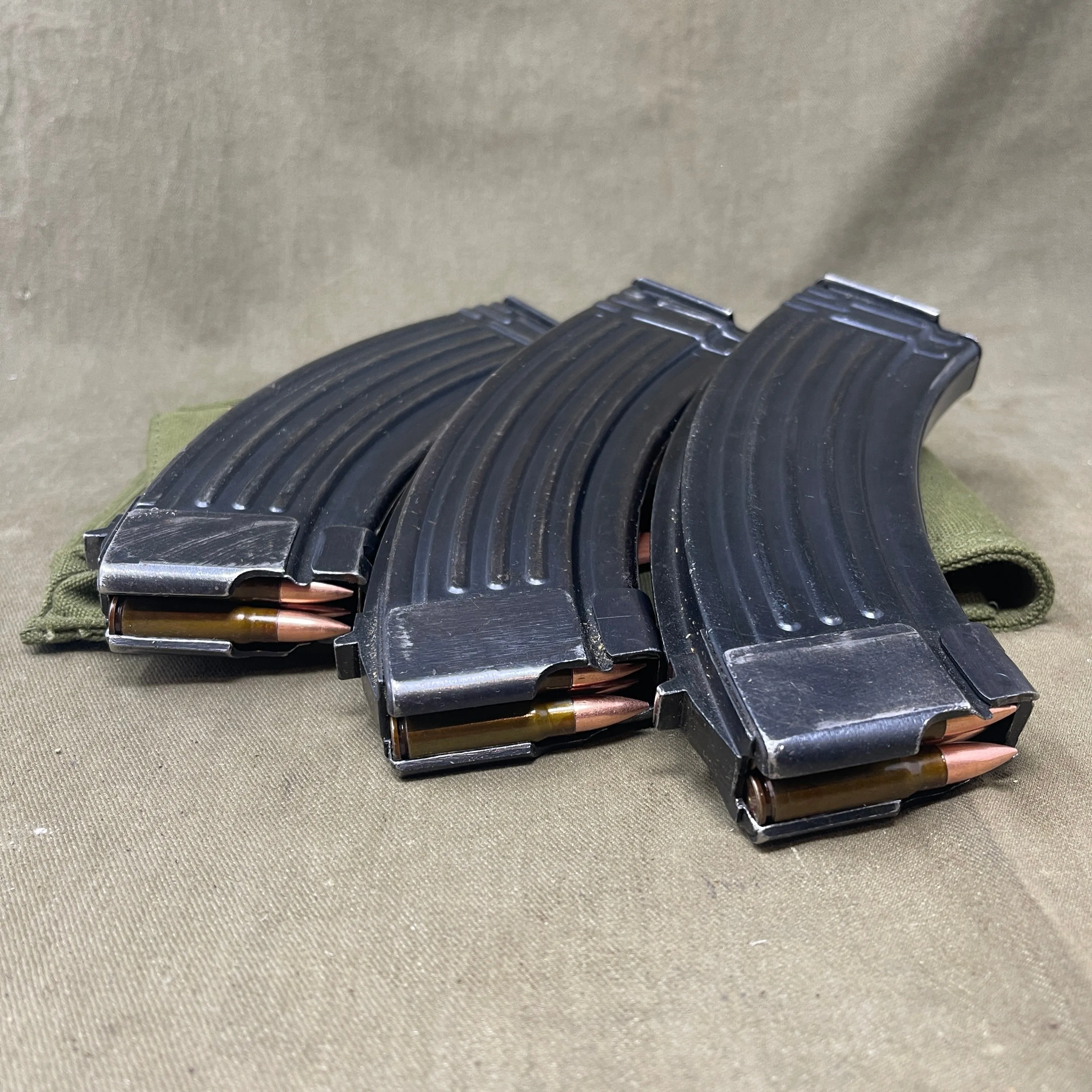 3 x 7.62x39 Original AKM Magazines in Military Pouch with 5 Inert Rounds Each Olive