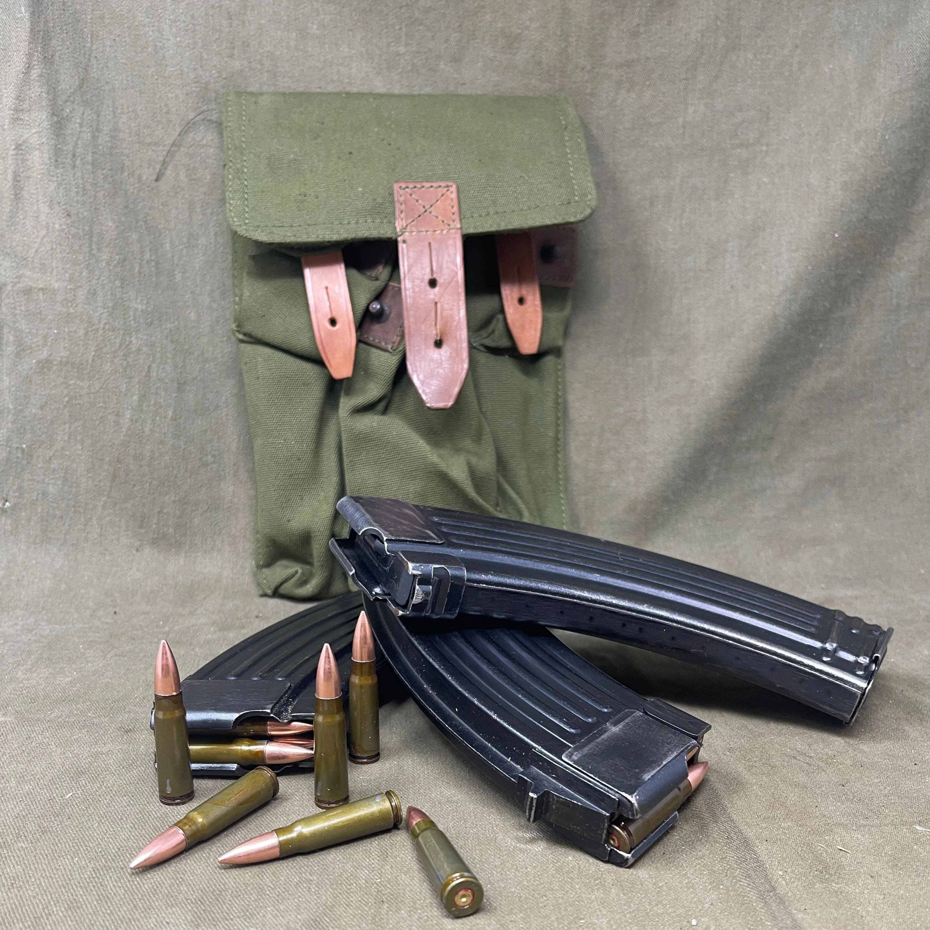 3 x 7.62x39 Original AKM Magazines in Military Pouch with 5 Inert Rounds Each Olive