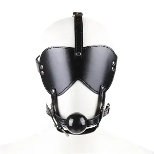 Black Faux Leather Blindfold Head Harness with an incorporated Ball Gag