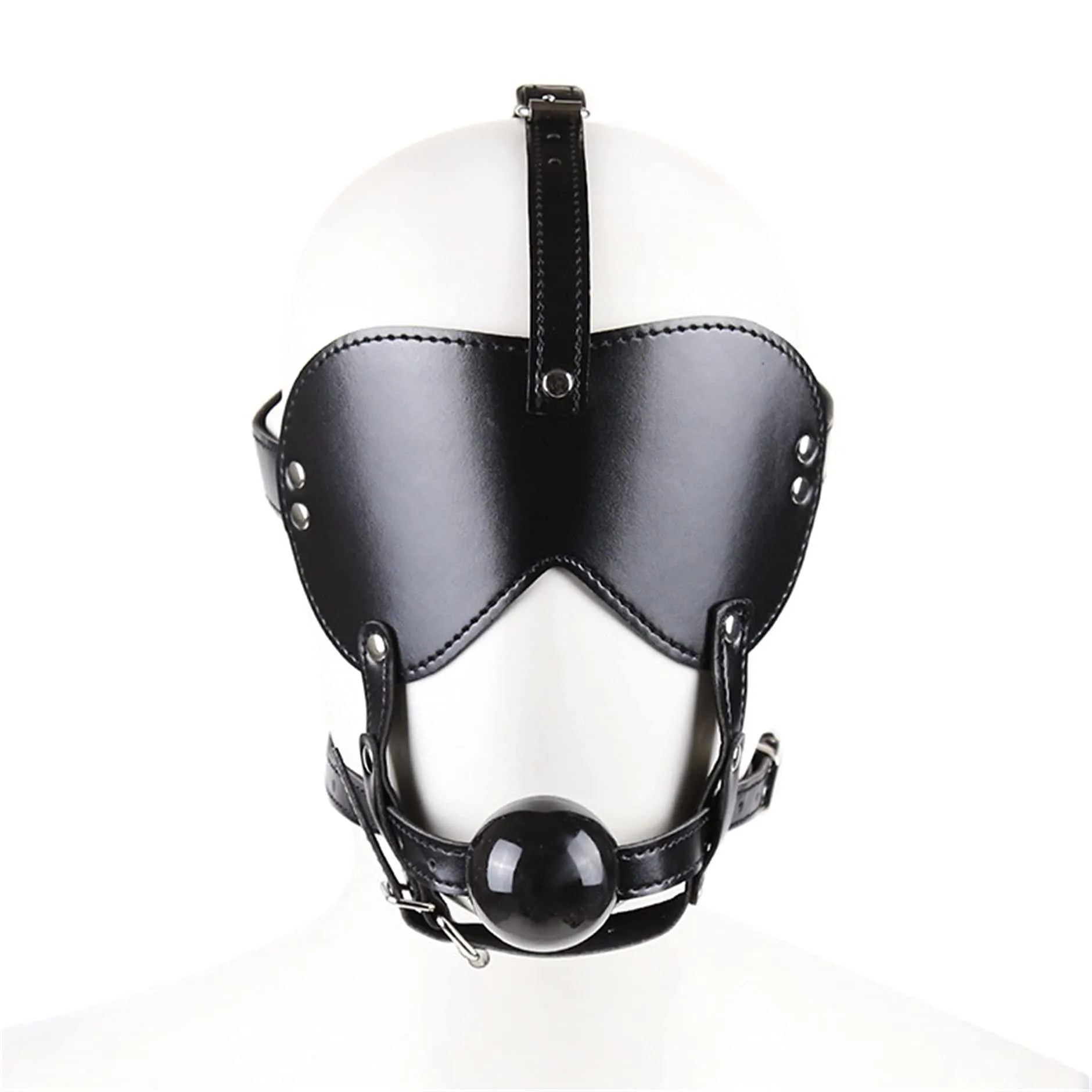 Black Faux Leather Blindfold Head Harness with an incorporated Ball Gag