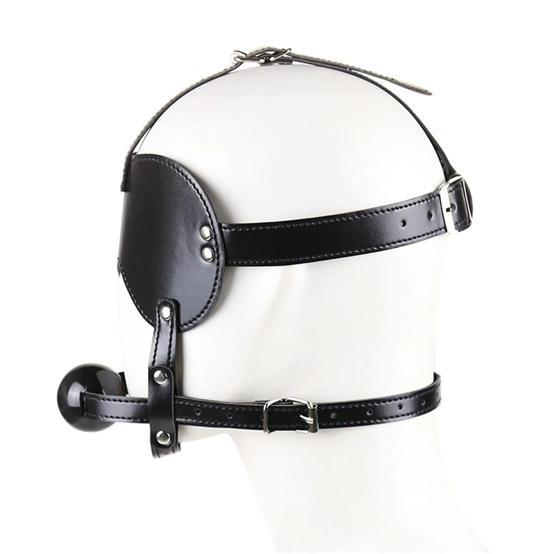 Black Faux Leather Blindfold Head Harness with an incorporated Ball Gag