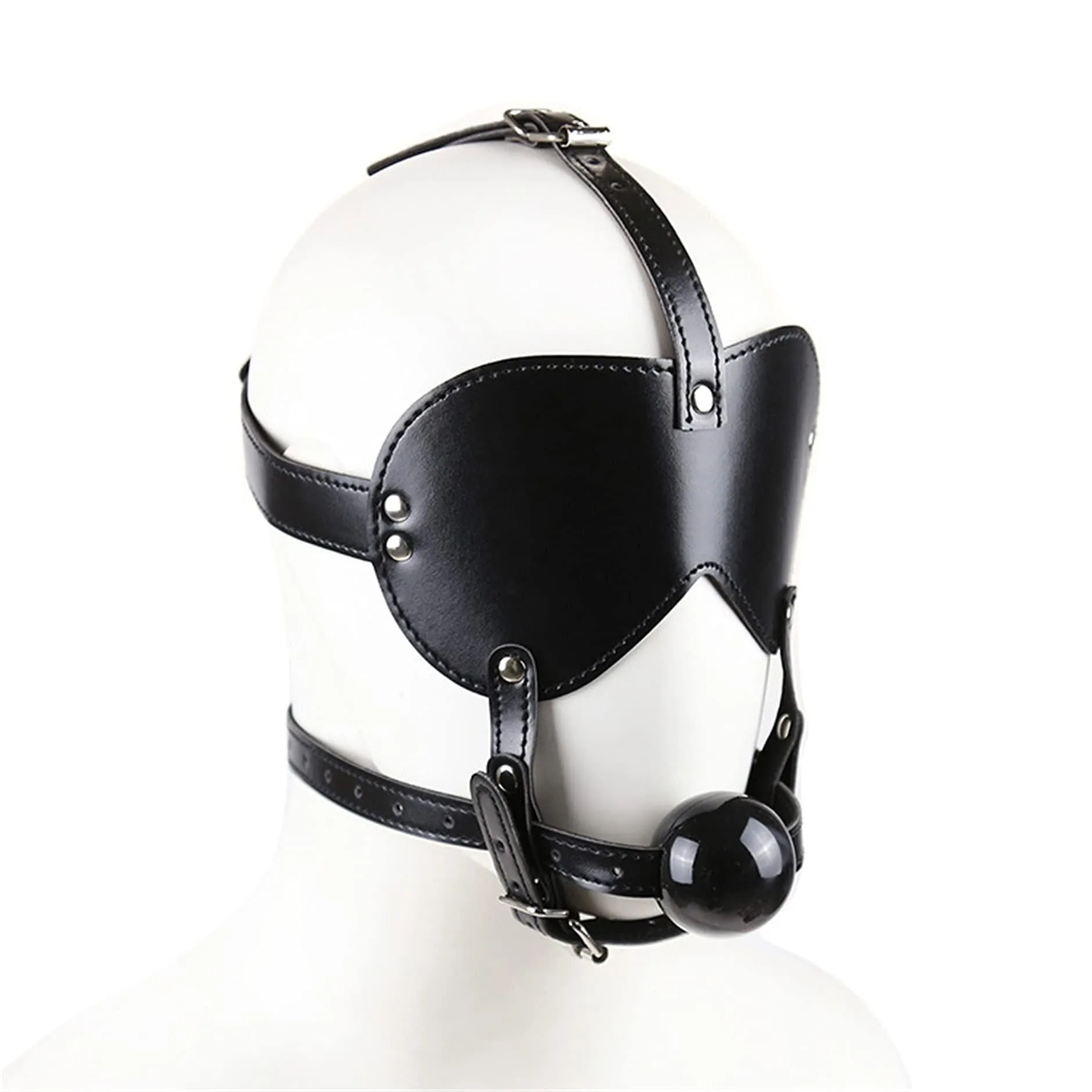 Black Faux Leather Blindfold Head Harness with an incorporated Ball Gag