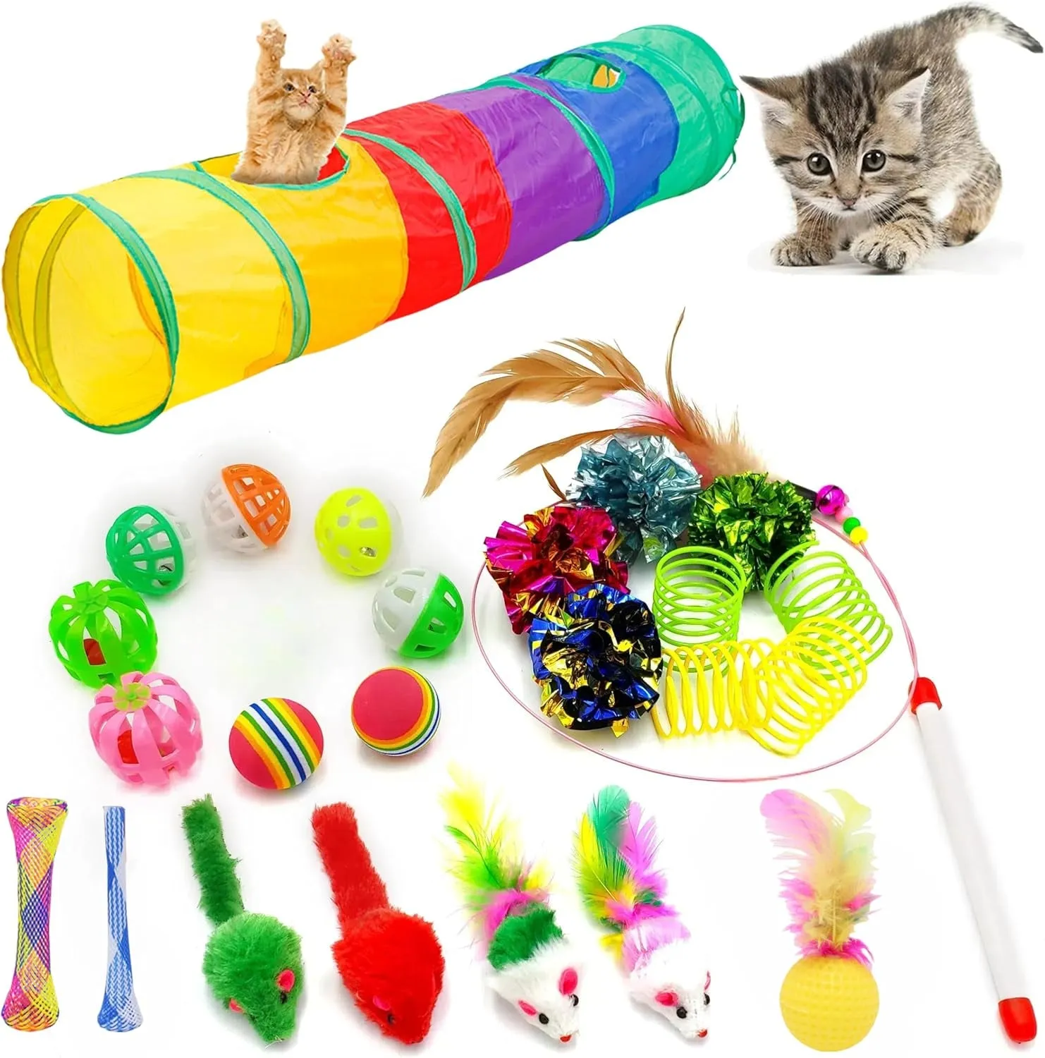 Cat Toys for Indoor Cats Interactive, 25 Assorted Cat Stuff Toys Pack Including Crinkle Tunnel Ball Wand Teaser Feather Mouse Mice Spring Assortment Kit for Cats Kittens Rabbits Puppies