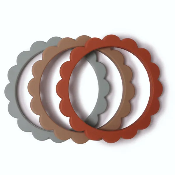 Mushie Flower Teething Bracelet 3-Pack - Cambridge Blue / Clementine / Natural