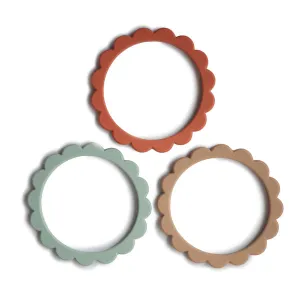 Mushie Flower Teething Bracelet 3-Pack - Cambridge Blue / Clementine / Natural