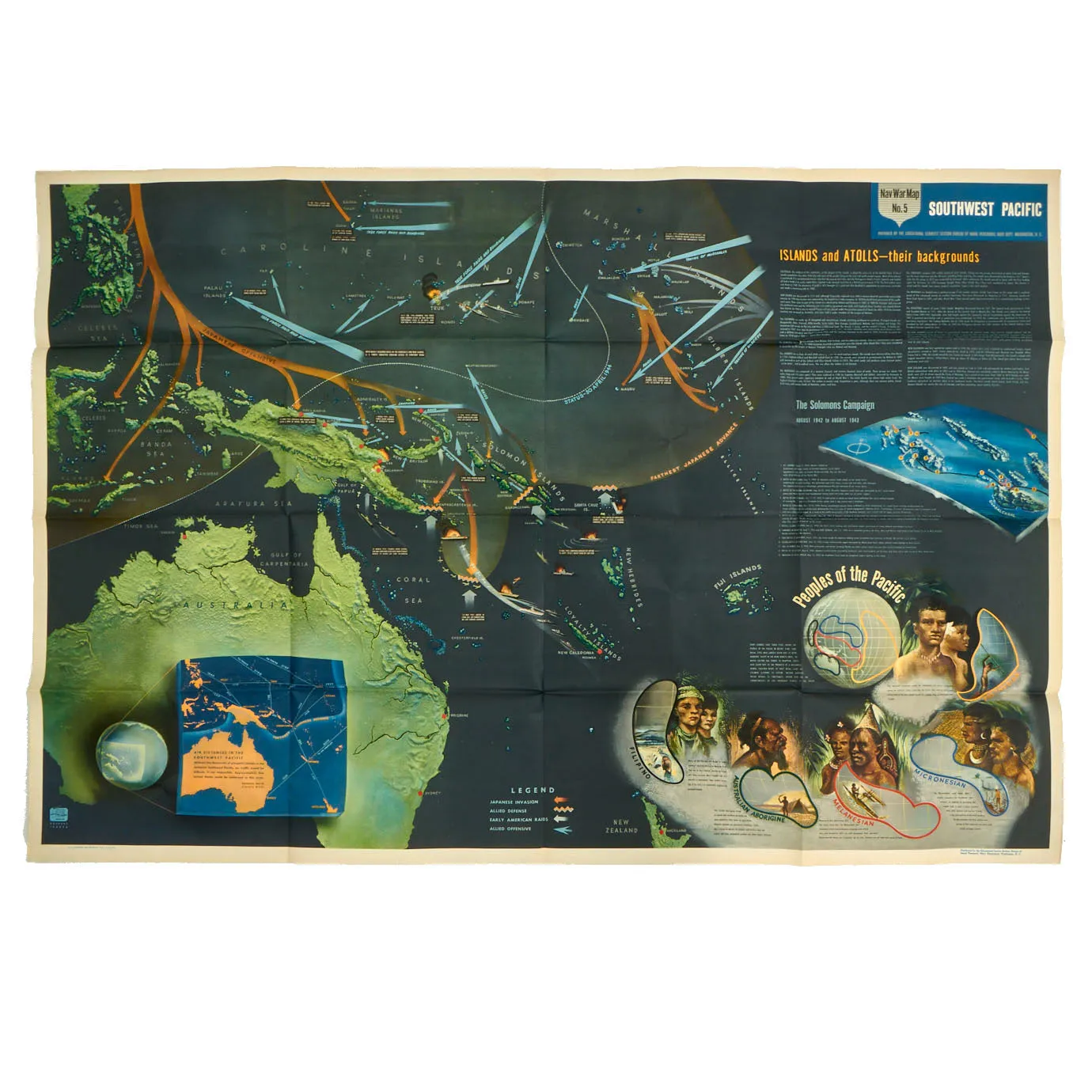 Original U.S. WWII Navy Education Services Map Posters of North Pacific and Southwest Pacific - NavWarMap Series - 2 Items