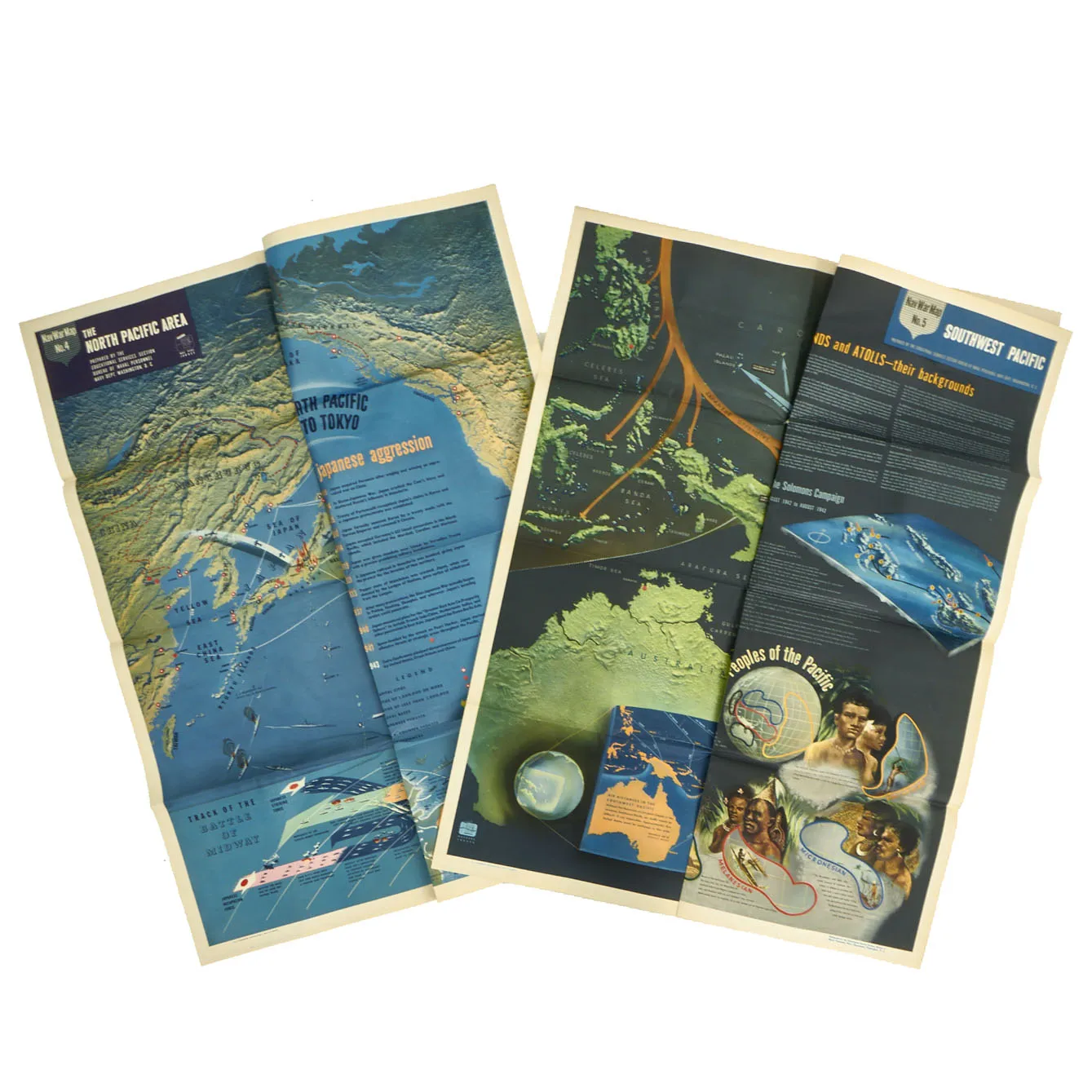 Original U.S. WWII Navy Education Services Map Posters of North Pacific and Southwest Pacific - NavWarMap Series - 2 Items