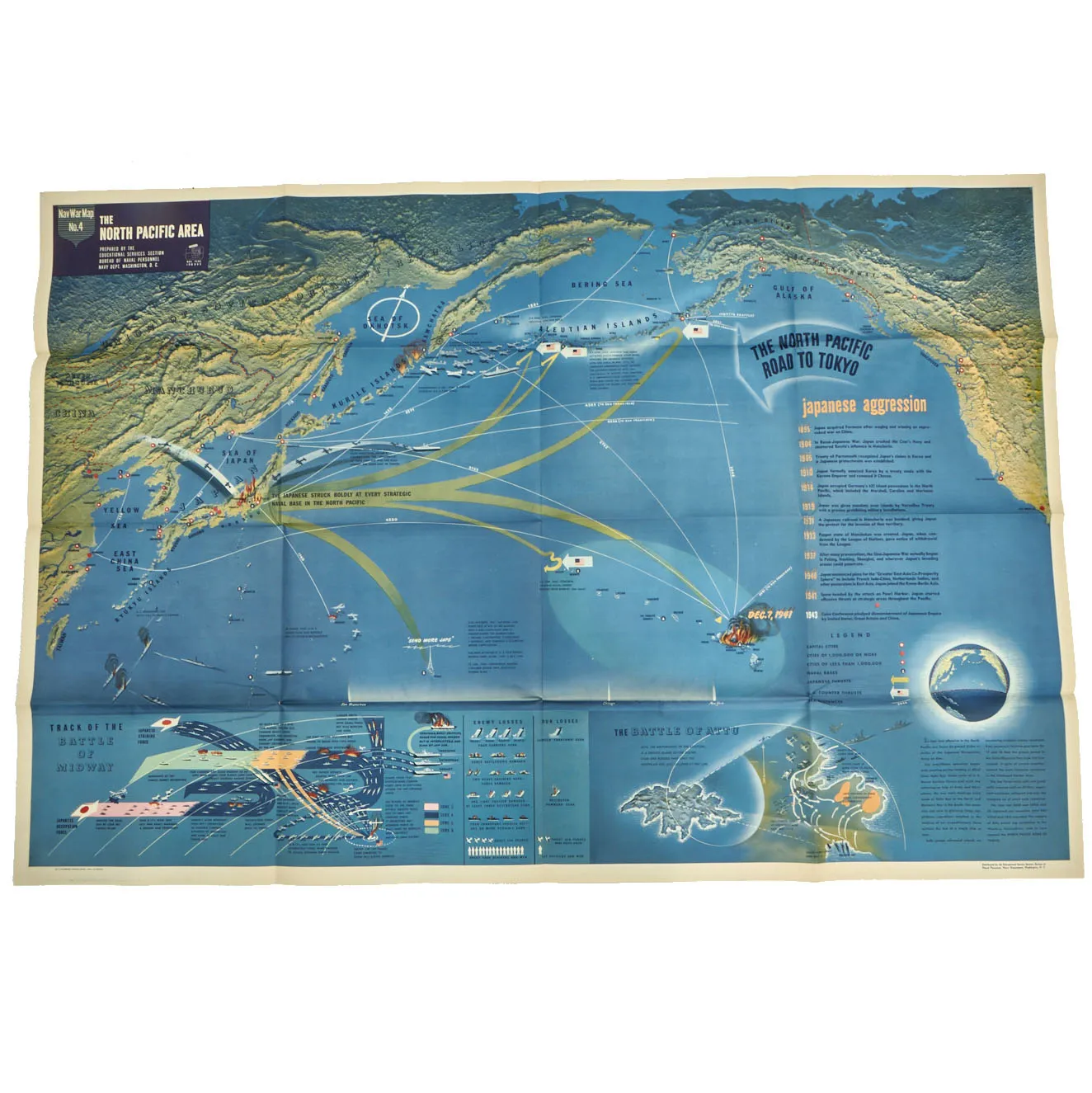 Original U.S. WWII Navy Education Services Map Posters of North Pacific and Southwest Pacific - NavWarMap Series - 2 Items