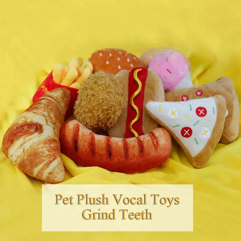 Soft Plush Squeaky Dog Toys - Ice Cream, Fries, and Hamburger Shapes